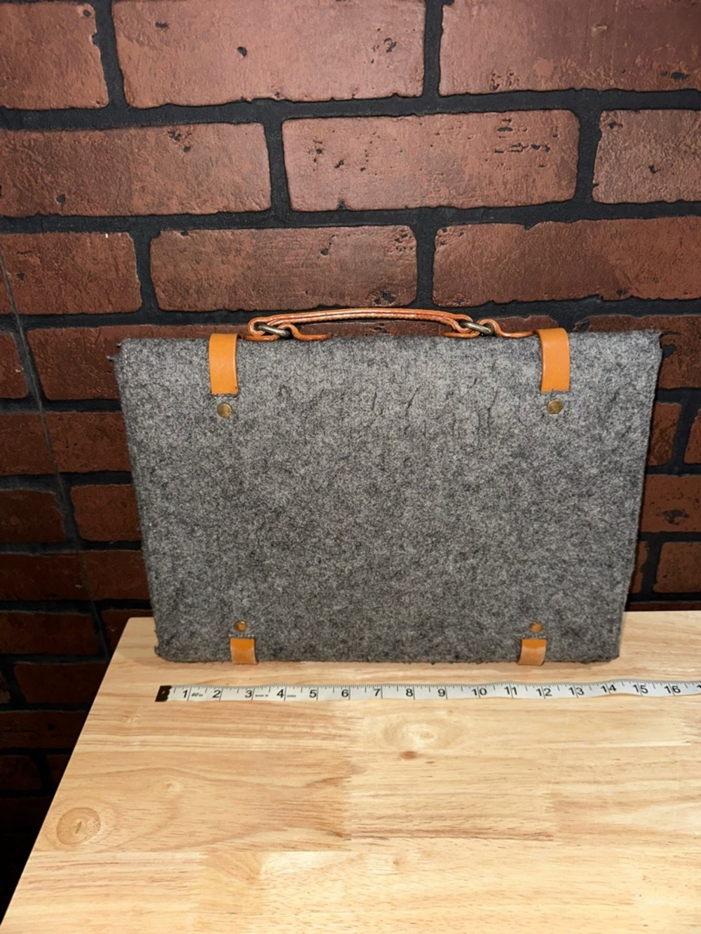 Gray Felt Laptop Bag with Tan Leather Straps - Picture 2 of 8